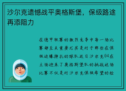 沙尔克遗憾战平奥格斯堡，保级路途再添阻力