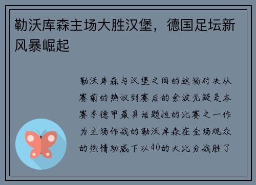 勒沃库森主场大胜汉堡，德国足坛新风暴崛起