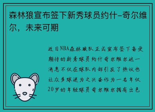 森林狼宣布签下新秀球员约什-奇尔维尔，未来可期