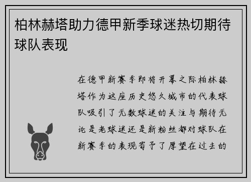柏林赫塔助力德甲新季球迷热切期待球队表现