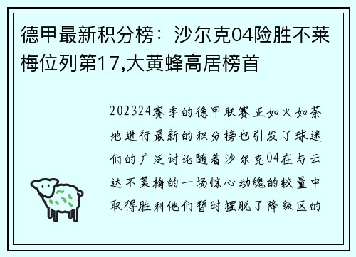 德甲最新积分榜：沙尔克04险胜不莱梅位列第17,大黄蜂高居榜首