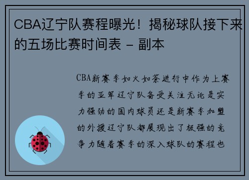 CBA辽宁队赛程曝光！揭秘球队接下来的五场比赛时间表 - 副本