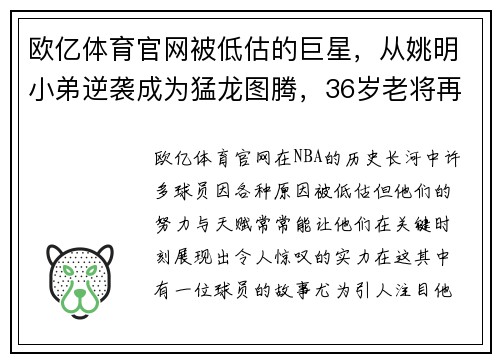 欧亿体育官网被低估的巨星，从姚明小弟逆袭成为猛龙图腾，36岁老将再冲击