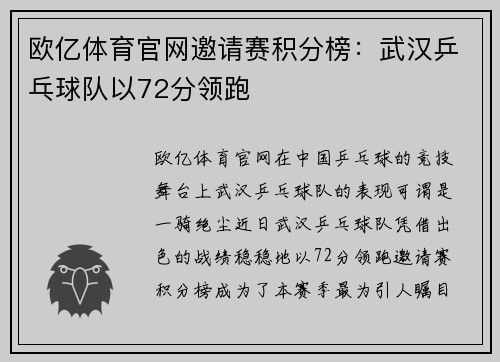 欧亿体育官网邀请赛积分榜：武汉乒乓球队以72分领跑