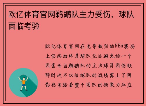 欧亿体育官网鹈鹕队主力受伤，球队面临考验