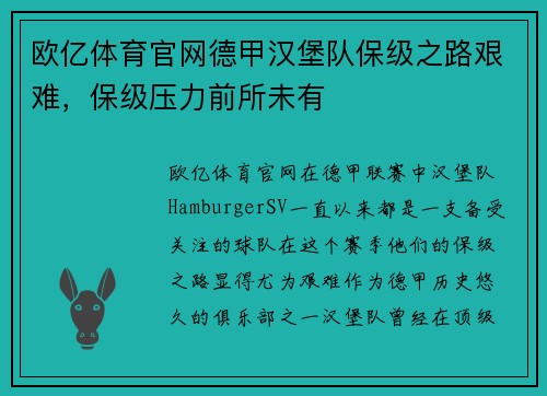 欧亿体育官网德甲汉堡队保级之路艰难，保级压力前所未有