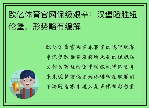欧亿体育官网保级艰辛：汉堡险胜纽伦堡，形势略有缓解